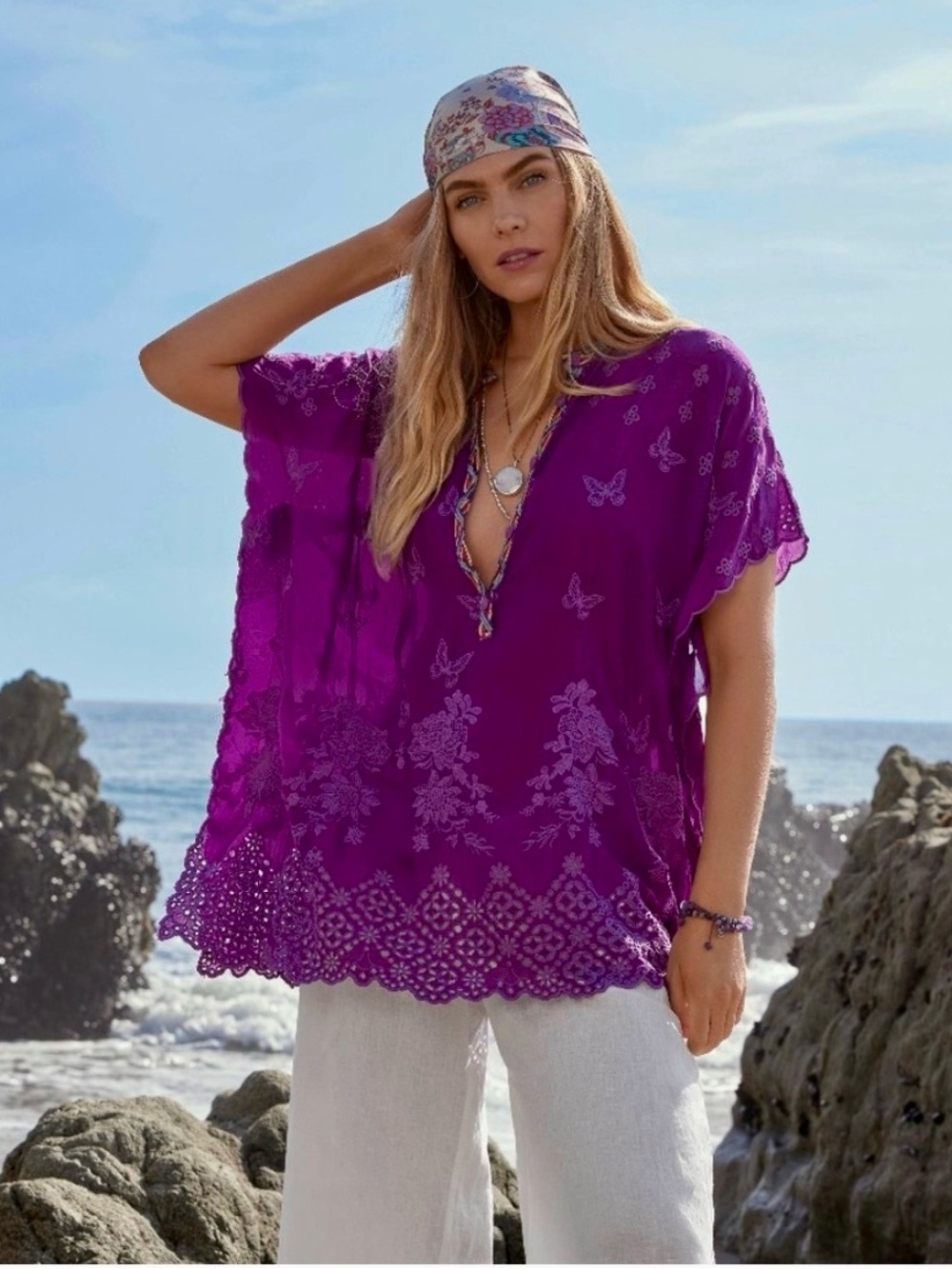 Johnny Was Fiyori Purple Tunic w/ Scalloped Butterfly Detail Size XL Bohemian!